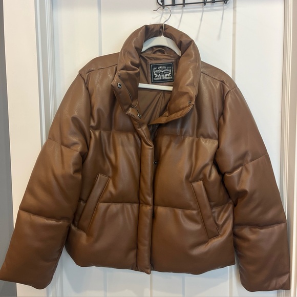Levi's Jackets & Blazers - Levi's Womens Faux Leather Quilted Puffer Jacket Brown Button Zip Close Size L